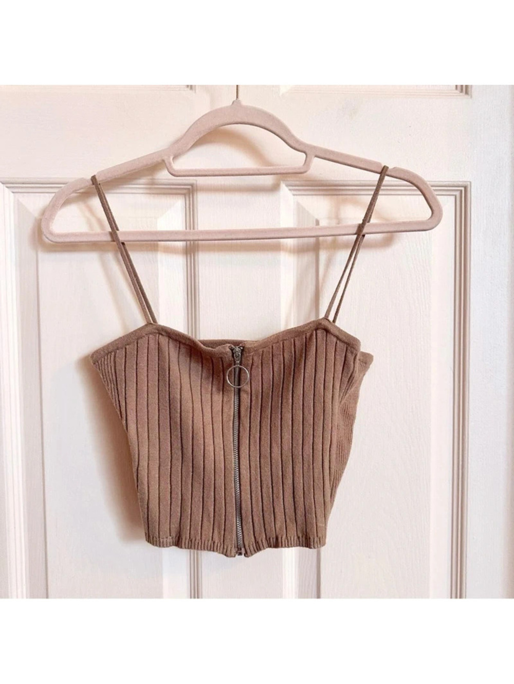 Brown Kendall and Kylie zip front crop top